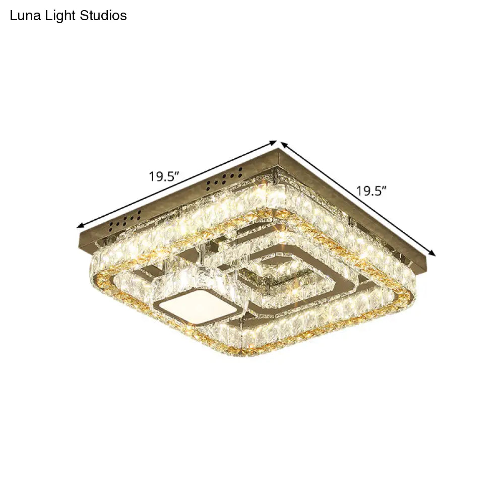 Modern Square Stainless-Steel Led Ceiling Light With Clear Cut Crystal Blocks For Bedroom