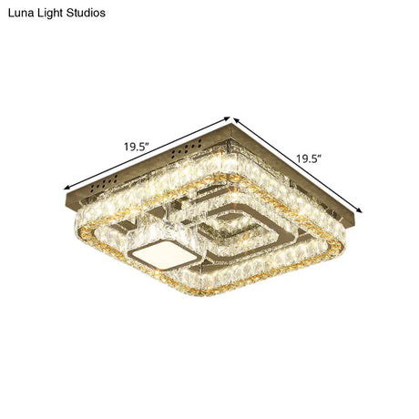 Modern Square Stainless-Steel Led Ceiling Light With Clear Cut Crystal Blocks For Bedroom