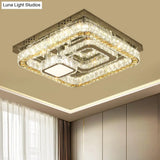 Modern Square Stainless-Steel Led Ceiling Light With Clear Cut Crystal Blocks For Bedroom