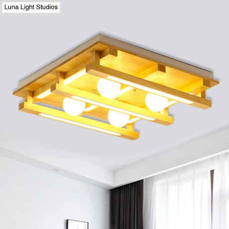 Modern Square Wood Flush Mount Lamp With Led Lights - Brown Ceiling Light Fixture White Glass Ball