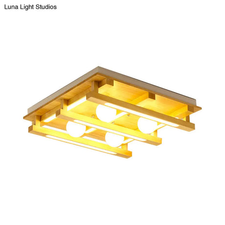 Modern Square Wood Flush Mount Lamp With Led Lights - Brown Ceiling Light Fixture White Glass Ball
