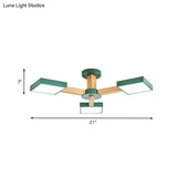 Modern Square Wood Semi Flush Mount Ceiling Lamp With 3 Radial Green Finish Lights