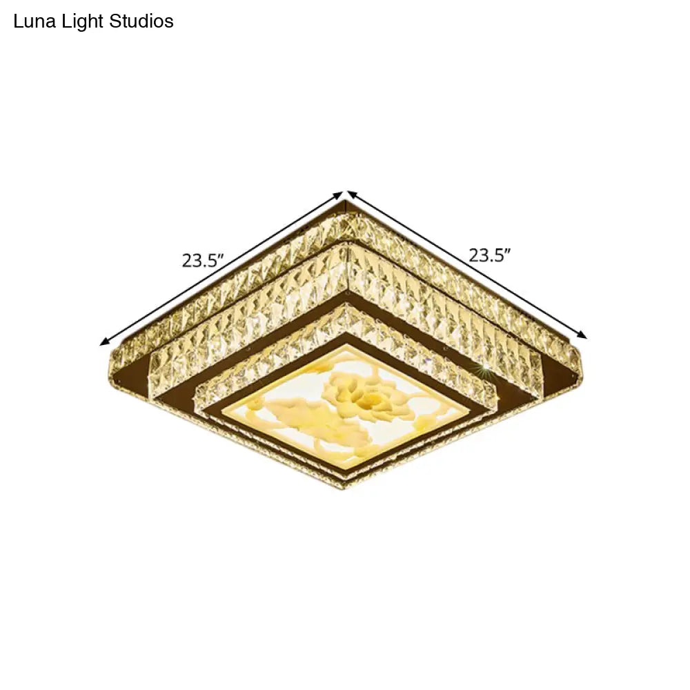 Modern Stainless - Steel Flush Mount Bedroom Led Ceiling Light With Clear Rectangular - Cut Crystals