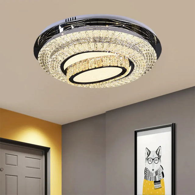 Modern Stainless - Steel Led Ceiling Mount - Clear Crystal Block Circular Flush Light For Great Room