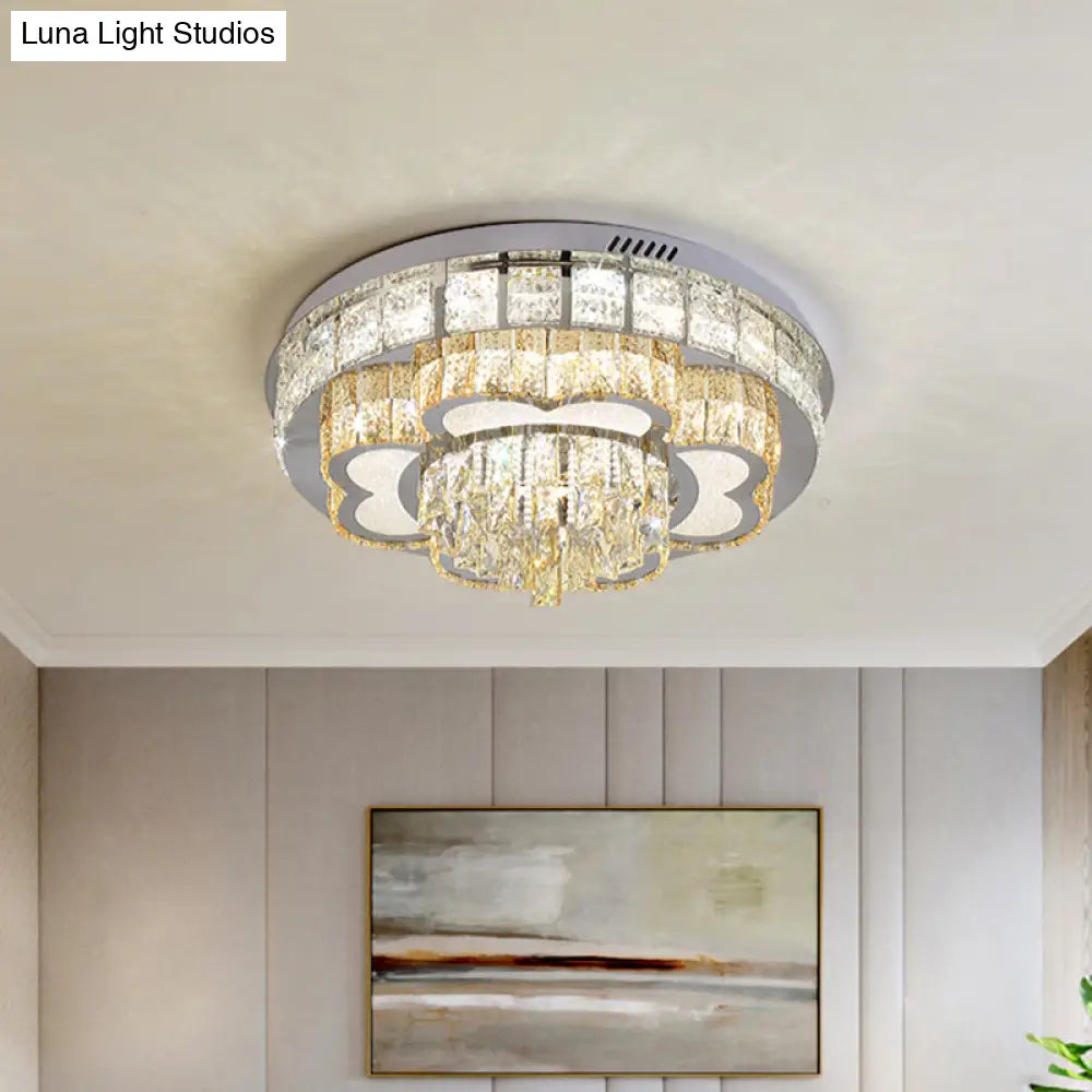 Modern Stainless Steel Led Flushmount Ceiling Light With Cut Crystal Floral Design