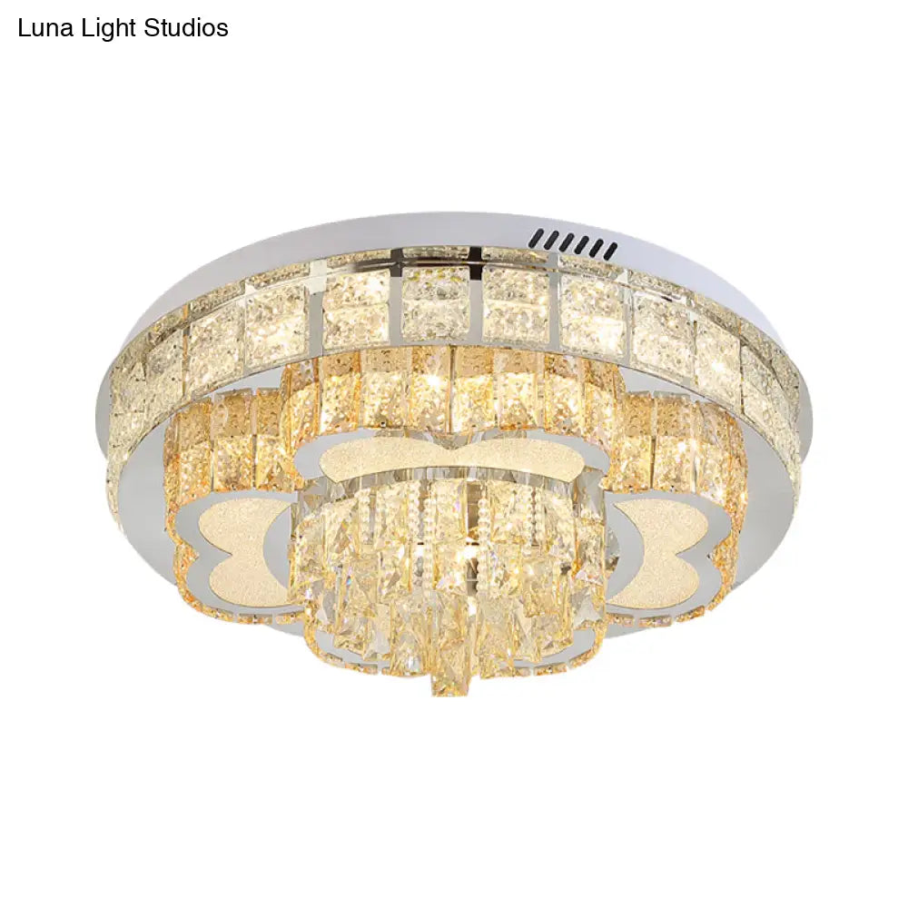 Modern Stainless Steel Led Flushmount Ceiling Light With Cut Crystal Floral Design