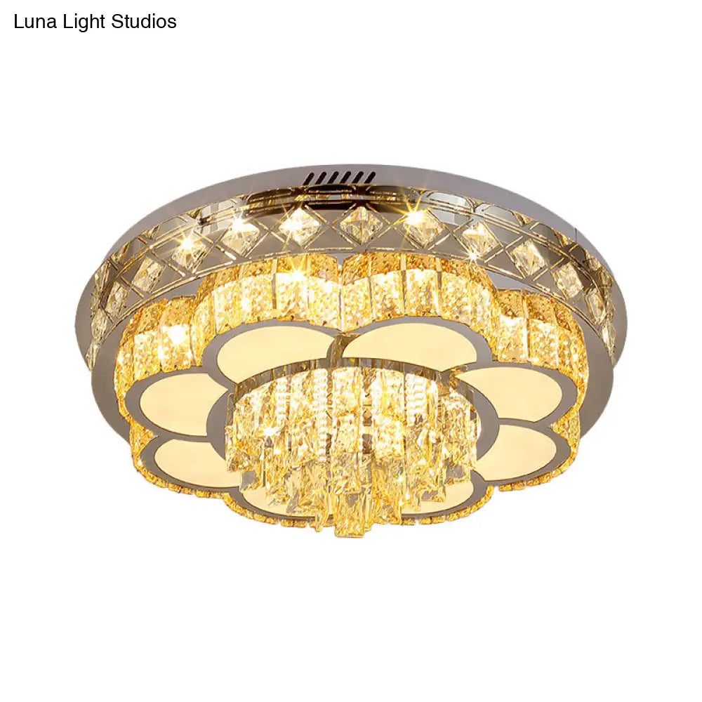 Modern Stainless Steel Led Flushmount Ceiling Light With Cut Crystal Floral Design