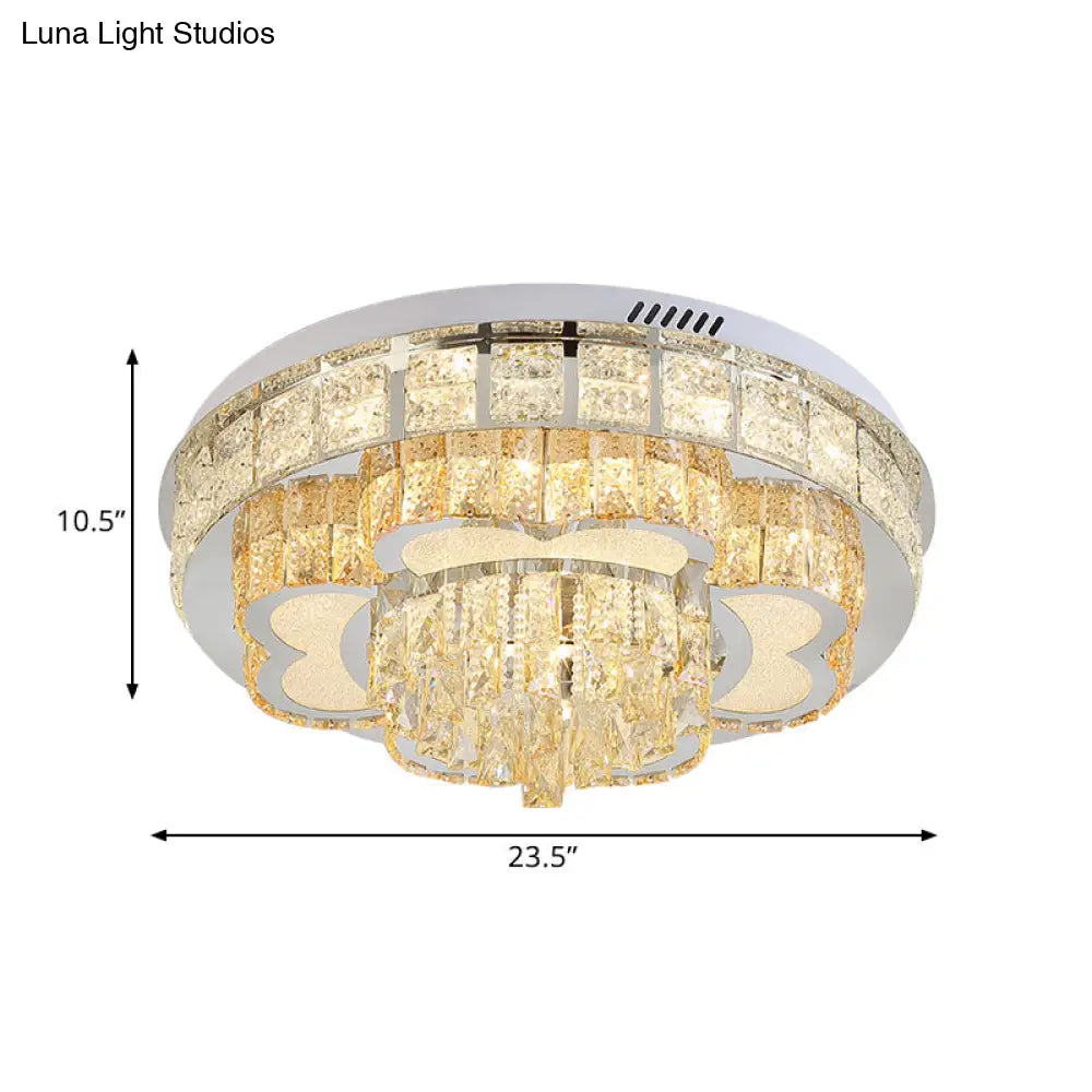 Modern Stainless Steel Led Flushmount Ceiling Light With Cut Crystal Floral Design