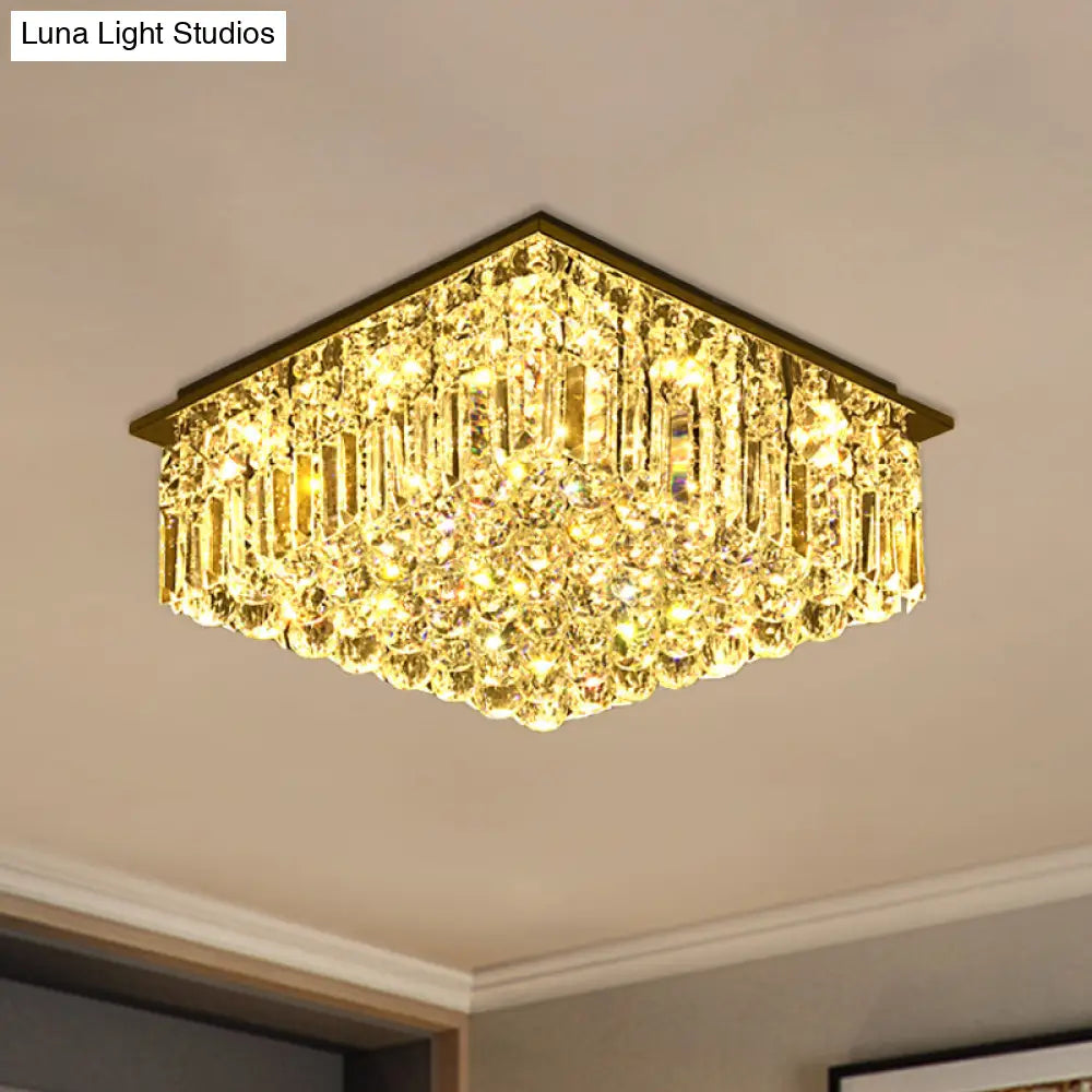 Modern Stainless Steel Square Ceiling Light With Clear Bevel Cut Glass - Led Flush Mount For Bedroom