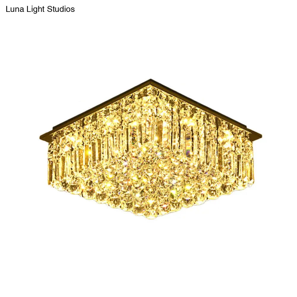 Modern Stainless Steel Square Ceiling Light With Clear Bevel Cut Glass - Led Flush Mount For Bedroom