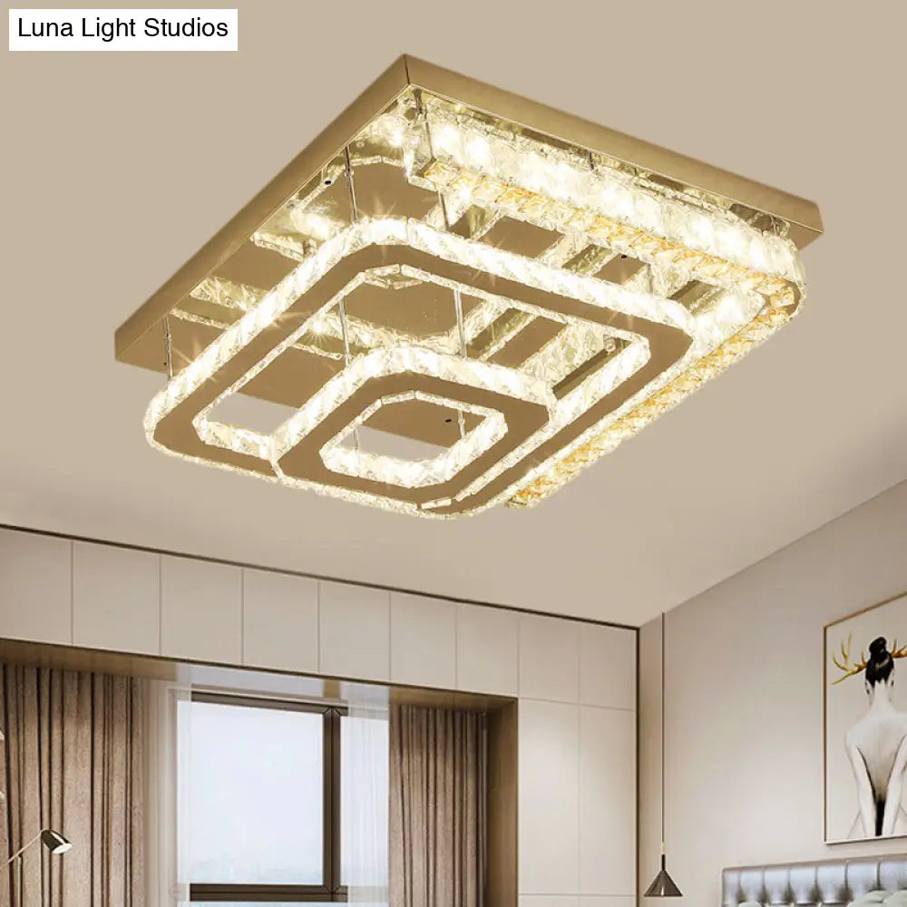 Modern Stainless-Steel Square Ceiling Light With Led Clear Cut Crystal Blocks - Semi-Flush Mount