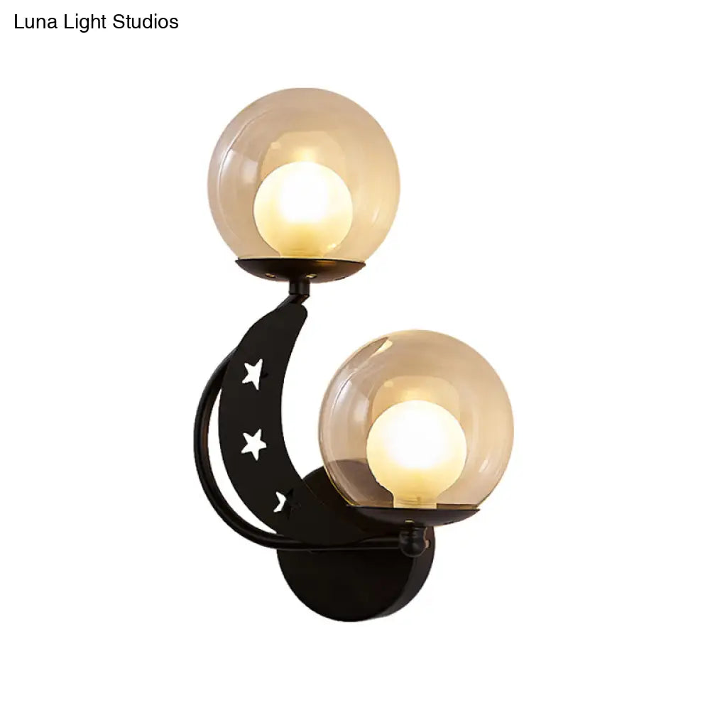 Modern Style Black/Gold Ball Wall Sconce: 2-Light Clear Glass Mount Lamp Kit