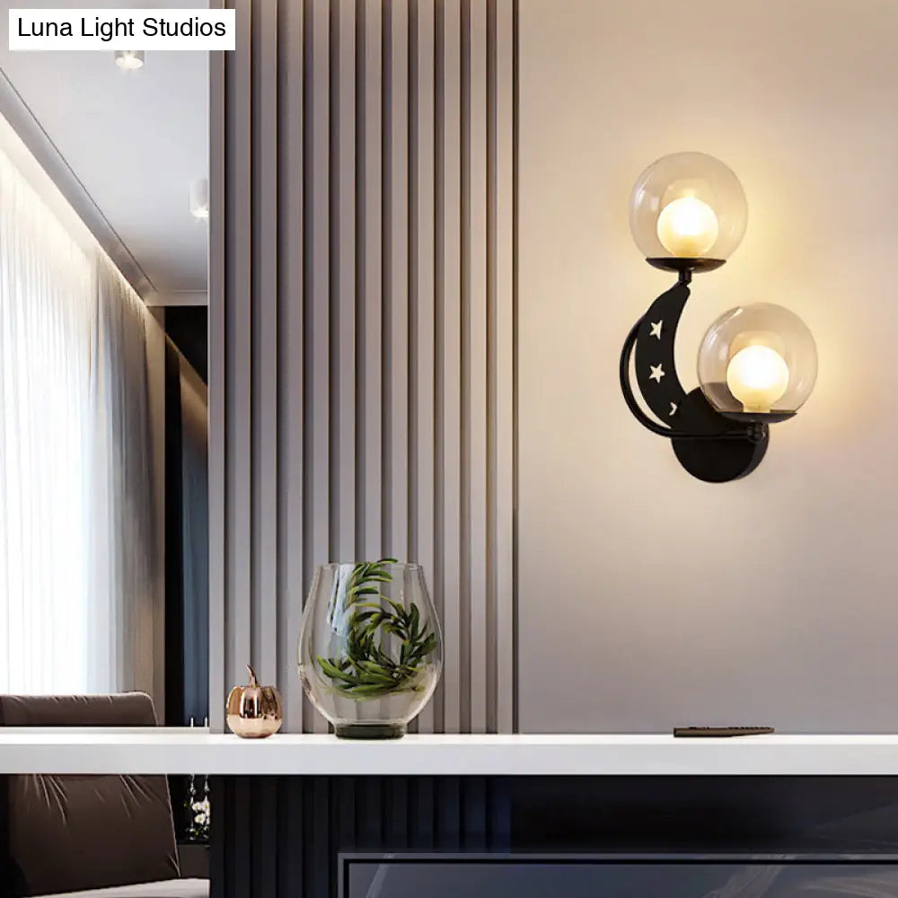 Modern Style Black/Gold Ball Wall Sconce: 2-Light Clear Glass Mount Lamp Kit