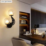 Modern Style Black/Gold Ball Wall Sconce: 2-Light Clear Glass Mount Lamp Kit