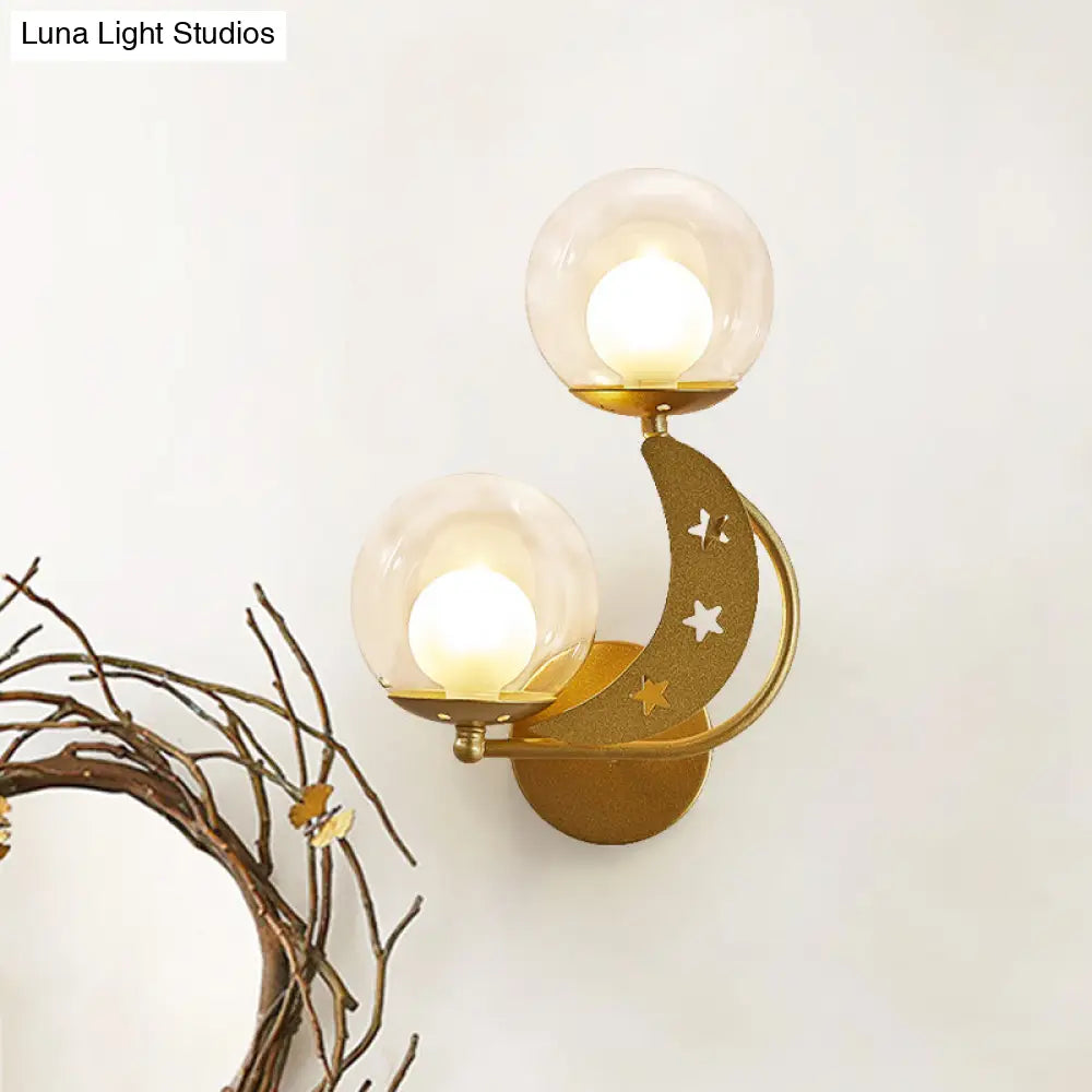 Modern Style Black/Gold Ball Wall Sconce: 2-Light Clear Glass Mount Lamp Kit