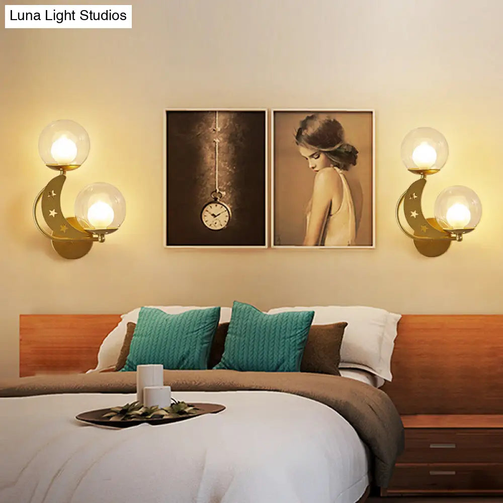 Modern Style Black/Gold Ball Wall Sconce: 2-Light Clear Glass Mount Lamp Kit