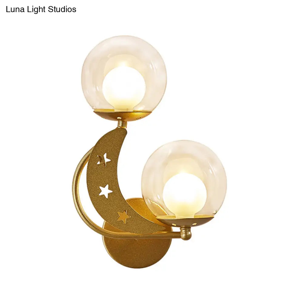 Modern Style Black/Gold Ball Wall Sconce: 2-Light Clear Glass Mount Lamp Kit