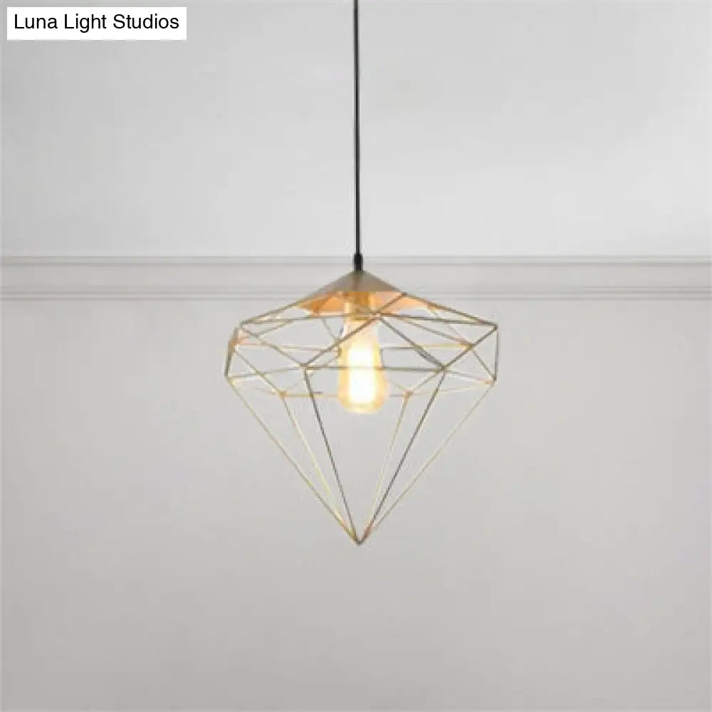 Modern Style Gold Metallic Prism Cage Pendant Light With Adjustable Cord - 1-Light Suspension Lamp