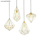 Modern Style Gold Metallic Prism Cage Pendant Light With Adjustable Cord - 1-Light Suspension Lamp