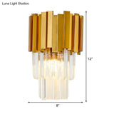 Modern Style Tiered Wall Sconce With Crystal Prism - Golden Metal 1 Light