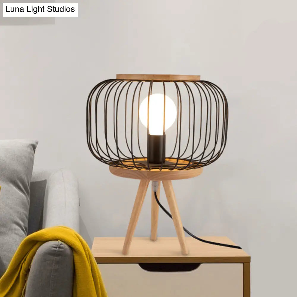 Modern Table Lamp - Drum Cage Iron Light With Wood Tripod Base White/Black Finish