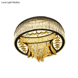 Modern Tan Crystal Drum Flush Mount Light With Led Waveform Frame - Perfect For Living Room Ceiling