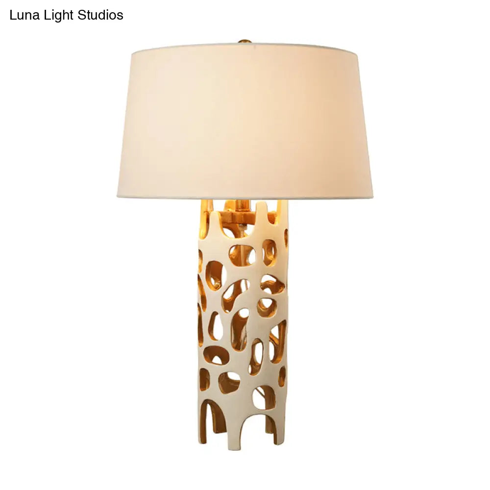 Modern Tapered Drum Fabric Night Lamp - Stylish White Table With Cutouts Resin Base