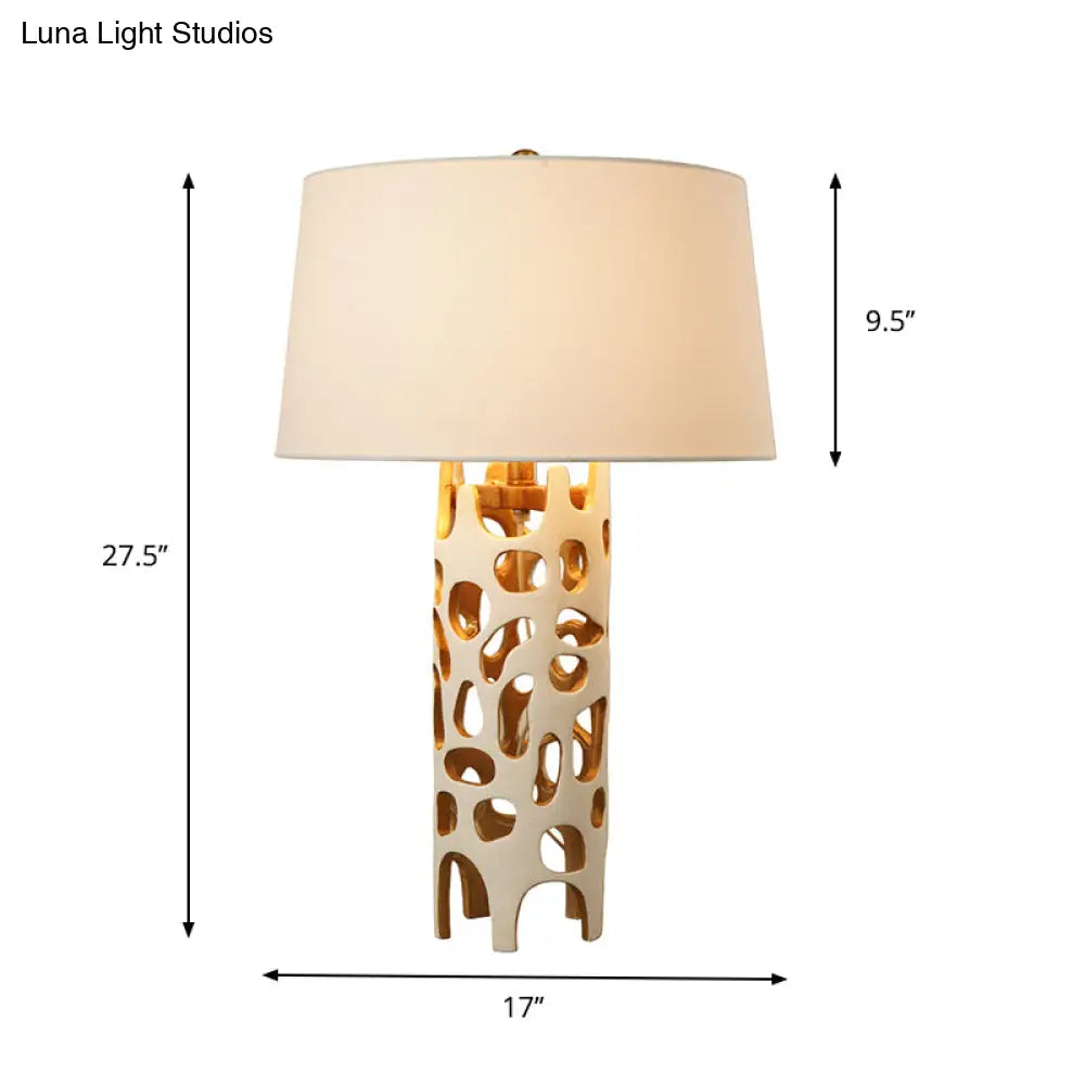 Modern Tapered Drum Fabric Night Lamp - Stylish White Table With Cutouts Resin Base