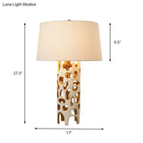 Modern Tapered Drum Fabric Night Lamp - Stylish White Table With Cutouts Resin Base