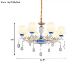 Modern Tapered Pendant Chandelier - 8 Bulbs Ivory Glass Crystal Suspension Light (Blue/White)