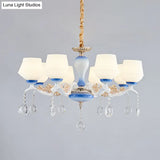 Modern Tapered Pendant Chandelier - 8 Bulbs Ivory Glass Crystal Suspension Light (Blue/White)