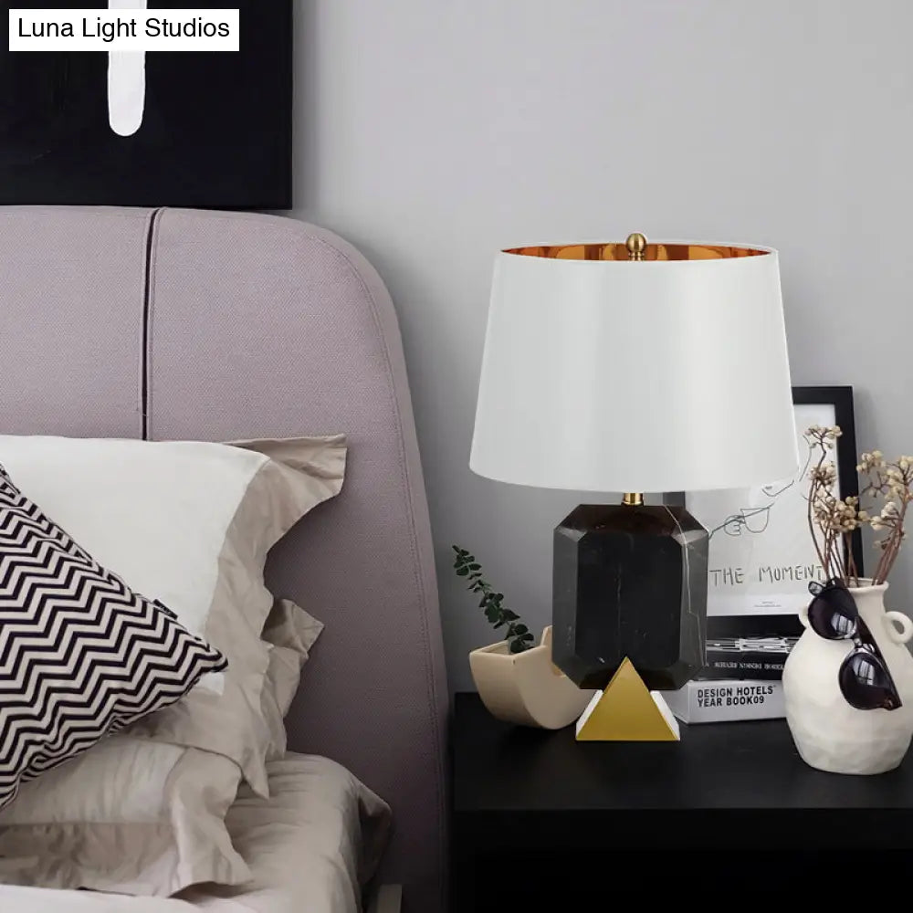 Modern Tapered Stone Table Lamp With Fabric Shade - Black Finish Ideal For Living Room