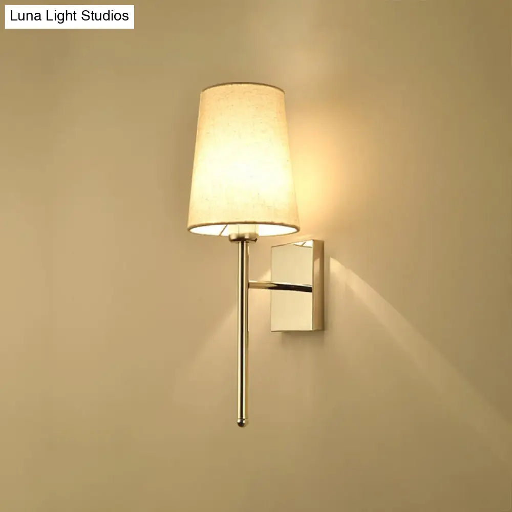 Modern Tapered Wall Sconce With Fabric Shade Chrome Finish - Led Bedside Lighting