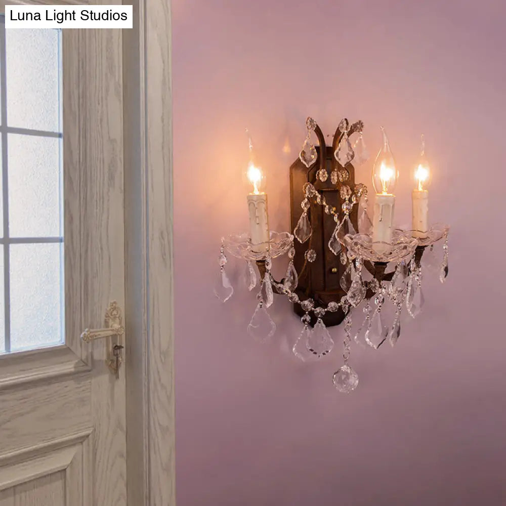 Modern Teardrop Crystal Candelabra Sconce Light - White Wall Mount With Rust Backplate (3 Lights)