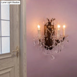 Modern Teardrop Crystal Candelabra Sconce Light - White Wall Mount With Rust Backplate (3 Lights)
