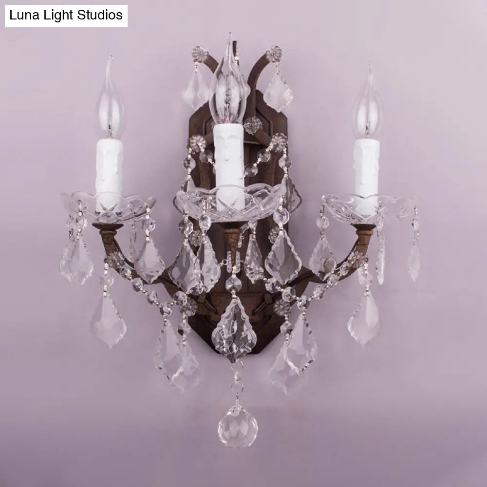 Modern Teardrop Crystal Candelabra Sconce Light - White Wall Mount With Rust Backplate (3 Lights)