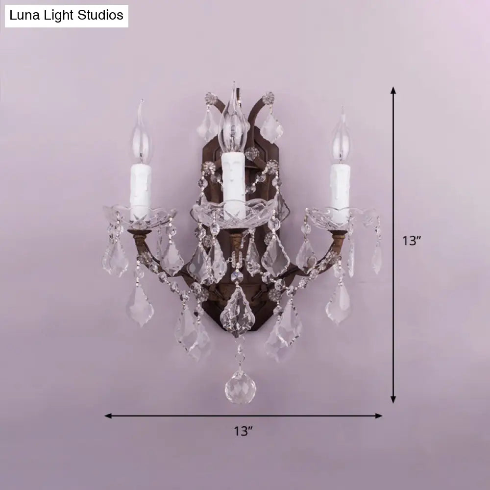 Modern Teardrop Crystal Candelabra Sconce Light - White Wall Mount With Rust Backplate (3 Lights)