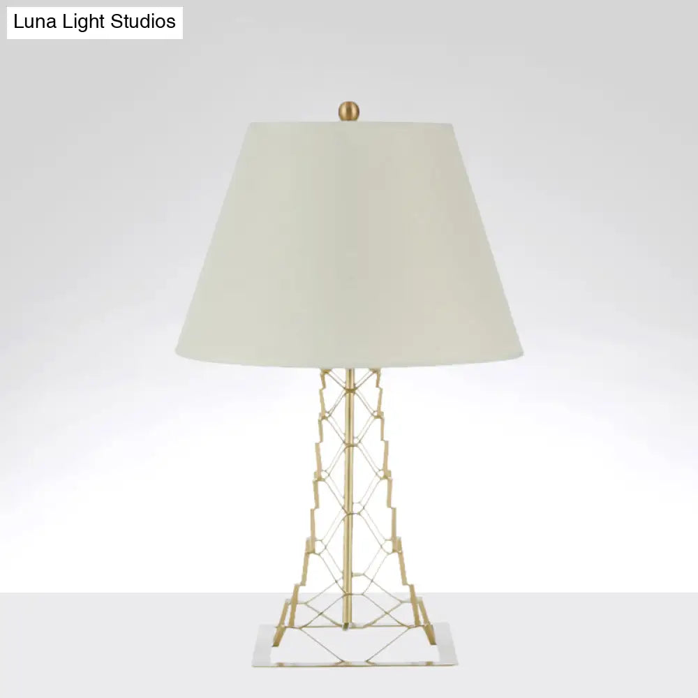Modern Tower-Like Frame Gold Finish Night Lamp With White Fabric Shade - 1-Bulb Metal Table Lighting