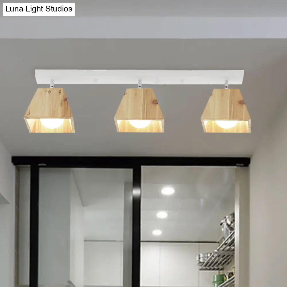 Modern Trapezoid Pendant Light - 1/2/3-Head Wooden Ceiling Fixture In White Finish