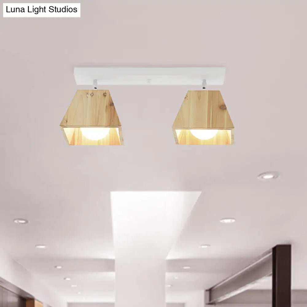 Modern Trapezoid Pendant Light - 1/2/3-Head Wooden Ceiling Fixture In White Finish