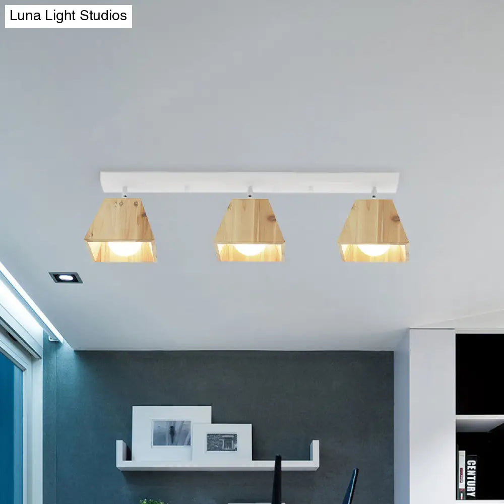 Modern Trapezoid Pendant Light - 1/2/3-Head Wooden Ceiling Fixture In White Finish