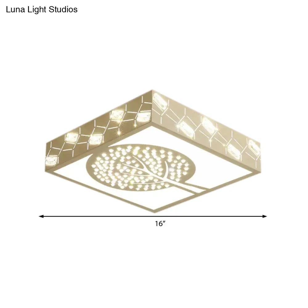 Modern Tree Metal Led Ceiling Light For Foyer - White Square Etched Flush Mount Fixture