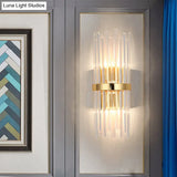 Modern Tri-Sided Crystal Rod Wall Light Fixture - Gold Sconce With Cylinder Design Dual Head