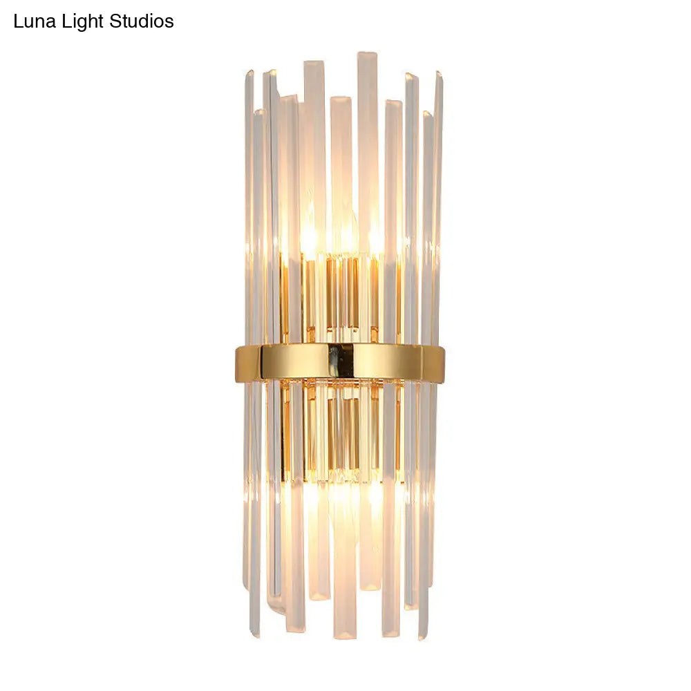 Modern Tri-Sided Crystal Rod Wall Light Fixture - Gold Sconce With Cylinder Design Dual Head