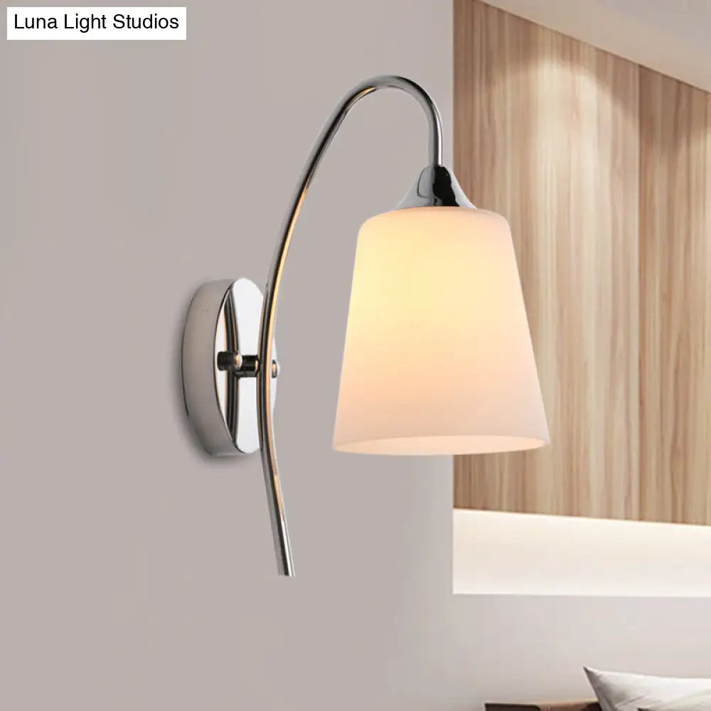 Modern Trumpet Wall Light Fixture - Milky Glass Sconce In Chrome For Stairway
