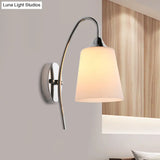 Modern Trumpet Wall Light Fixture - Milky Glass Sconce In Chrome For Stairway