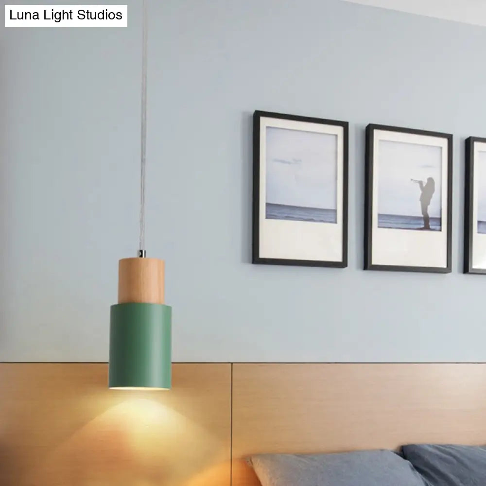 Modern Tubular Pendant Spotlight: Metal 1-Light Bedside Hanging Lamp With Wooden Top