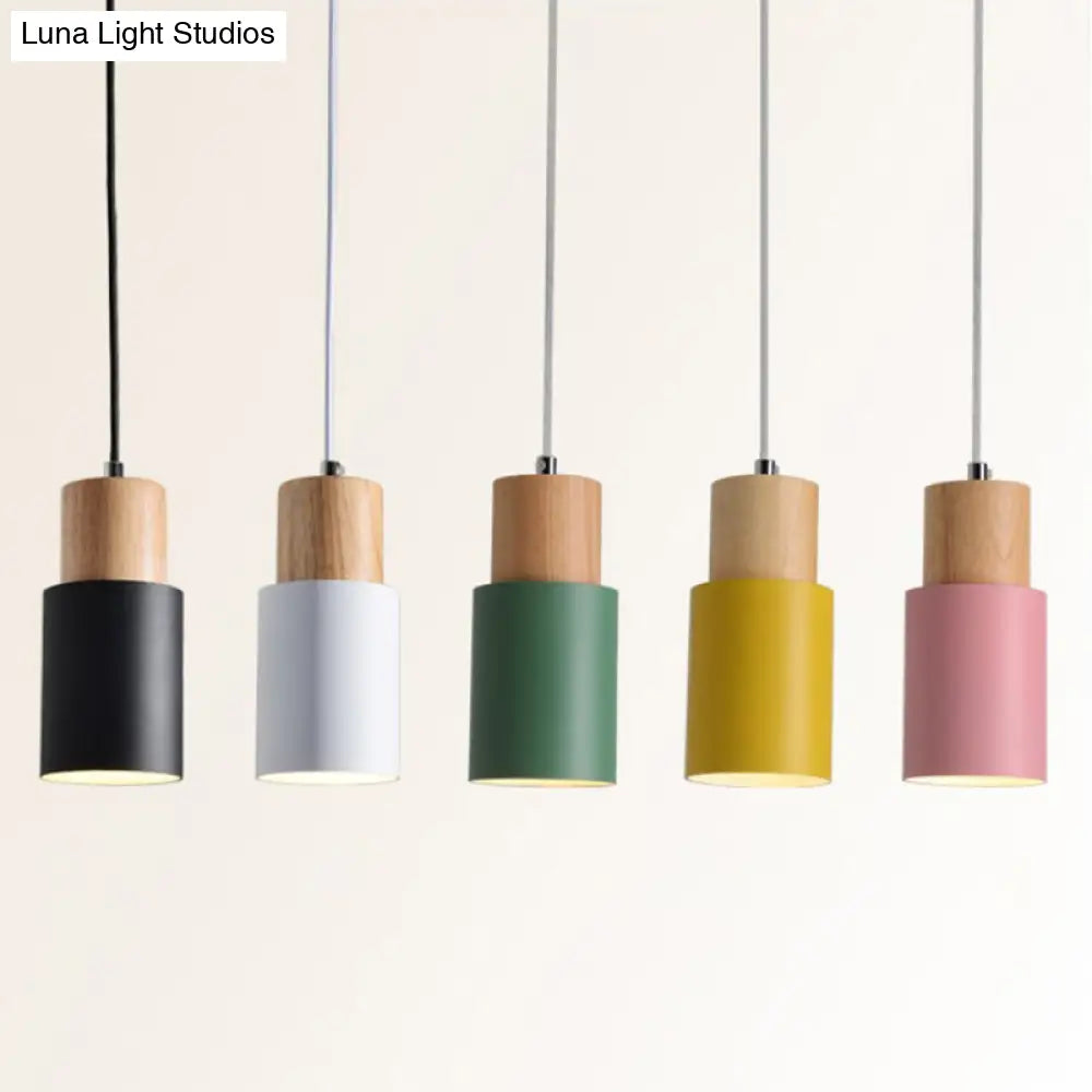 Modern Tubular Pendant Spotlight: Metal 1-Light Bedside Hanging Lamp With Wooden Top