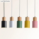 Modern Tubular Pendant Spotlight: Metal 1-Light Bedside Hanging Lamp With Wooden Top
