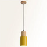 Modern Tubular Pendant Spotlight: Metal 1-Light Bedside Hanging Lamp With Wooden Top Yellow